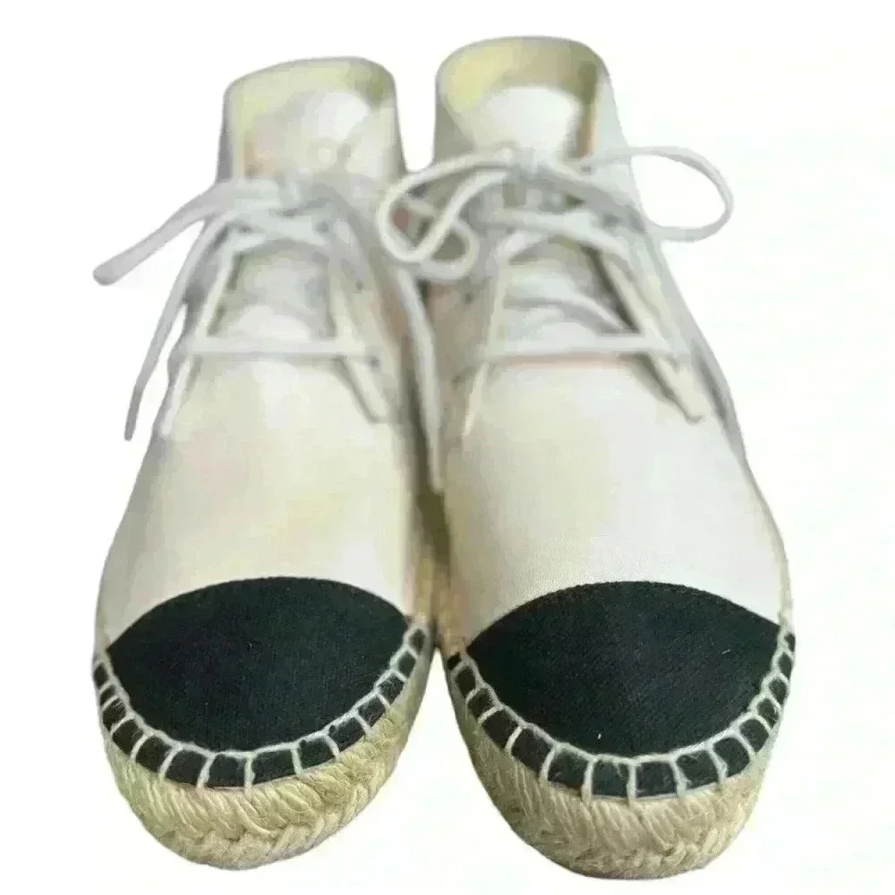 Chanel Beige/Black Lambskin Leather High Top Espadrilles Shoes.